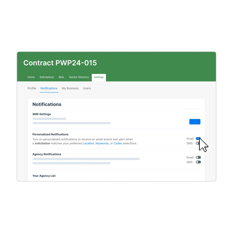 gif showing how to set personalized notifications in Bid Express for Vendors