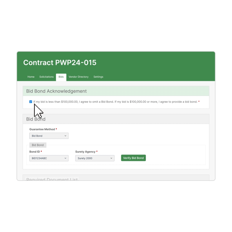 gif showing how to verify bonds in Bid Express for Vendors